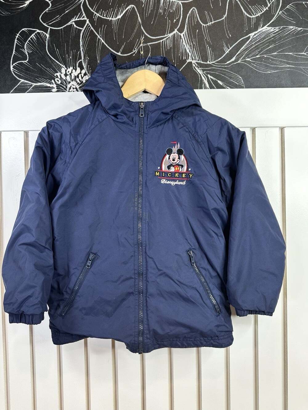 Vintage Y2K Disneyland Mickey Mouse Kids M 8 Navy Hooded Jacket Embroidered 1955